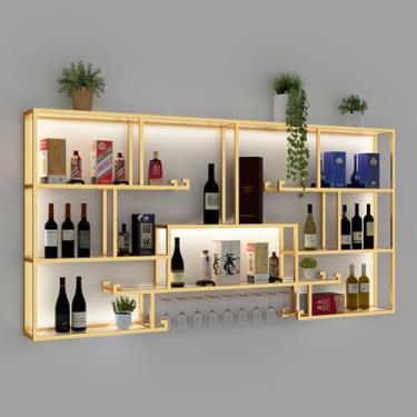 Imagem de HGTRH Rack de vinho montado na parede com luz LED, prateleiras flutuantes de metal para garrafas de vinho e suportes de taças, prateleira de armazenamento multifuncional rack de exibição de vinho para
