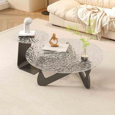 Imagem de Yadlan Conjunto de mesas de centro redondas modernas, mesas de café, mesa de centro de vidro, conjunto de 2 mesas laterais com suporte triangular, mesas de canto para sala de estar, quarto, varanda