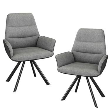 Imagem de HGTRH Cadeiras de jantar giratórias, cadeira de cozinha estofada com encosto e apoio de braço algodão linho couro pana pernas de aço carbono capacidade de peso 299 kg cinza escuro 2 peças