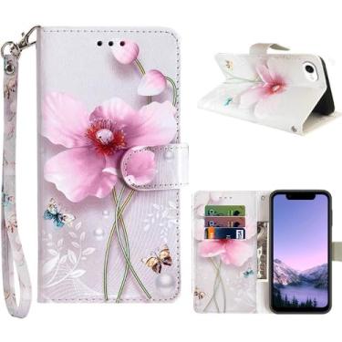 Imagem de JanCalm Capa carteira com estampa floral para iPhone 16e, alça de pulso, capa com compartimentos para cartões, suporte, proteção de couro PU, capas fofas para mulheres e meninas (flor de pérola)