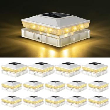 Imagem de vighep Luzes de poste solares 4 x 4 para ambientes externos com 2 modos de cor, pacote com 14 lâmpadas brancas de cerca movida a energia solar, à prova d'água, ajuste de 9 x 9 cm, 4 x 10 cm, postes de