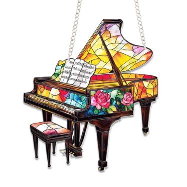 Imagem de Bob22store Suncatcher estilo vitral de piano - pendurar janela acrílica de 15,2 cm - decoração de apanhador de luz de piano colorido para casa ou sala de música - Ornamento plano 2D presente para