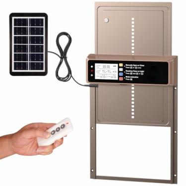 Imagem de NyPots Porta automática de galinheiro alimentada por energia solar, visor LCD porta automática para galinheiro com temporizador e sensor de luz, porta solar para galinheiro com controle remoto, função