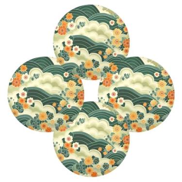 Imagem de Wassud Jogo americano conjunto de 4 tapetes de mesa redondos de ondas verdes para cozinha e jantar tapetes laváveis resistentes ao calor decoração de mesa 39 cm
