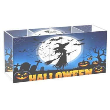 Imagem de CEBUGI Porta-lápis de acrílico transparente com 4 compartimentos, organizador de pincéis de maquiagem com silhueta de bruxa para armazenamento em mesa de escritório em casa