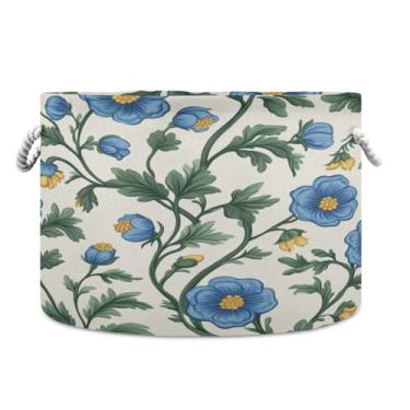 Imagem de WELLDAY Cesta de corda de algodão flores azuis cesta de lavanderia para bebê para sala de estar, lavanderia, berçário, travesseiros, decoração de casa