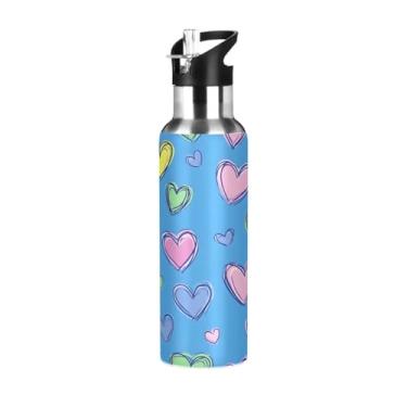 Imagem de Wassud Garrafa de água colorida corações garrafa de água esportiva de aço inoxidável com canudo garrafas de água isoladas copo portátil de viagem 623 g