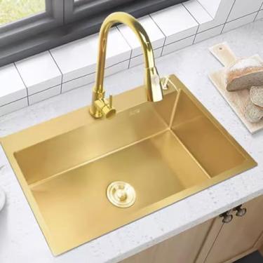 Imagem de PVXMQFFA Pia de cozinha de aço inoxidável para estação de trabalho dourada com torneira dourada de aço inoxidável engrossado bacia de bancada doméstica (cor: ouro, tamanho: 45 * 40 * 22 cm)