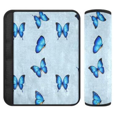Imagem de Burbuja Capa para cinto de segurança de carro Butterflies on Blue Protetor de cinto de segurança de carro macio confortável para alça de ombro de assento, 1 par médio