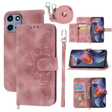 Imagem de Dswteny Capa carteira para Motorola Moto G 5G 2025 com alça de ombro transversal, couro em relevo, acessórios para celular G5G 5 G G5 mulheres meninas rosa
