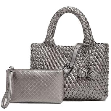 Imagem de OUYGZOU Bolsa feminina de tecido com bolsa de moedas, bolsa transversal pequena de corrente dobrável, bolsa de ombro moderna, bolsa Hobo, Prata antiga