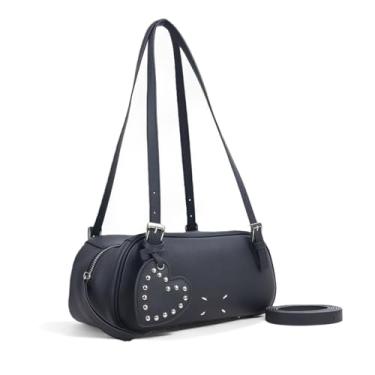 Imagem de FLOBLURA Bolsa de ombro preta para mulheres, bolsas pequenas do leste oeste para mulheres, bolsa tiracolo de couro genuíno com alça ajustável e pingente de coração