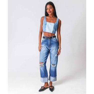 Imagem de Calça Jeans Reta Feminina Destroyed Barra Dobrada-01029 - VIZZY JEANS,