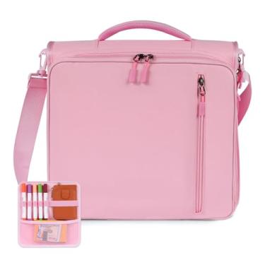 Imagem de Fichário com zíper de 3 anéis de 5 polegadas com capacidade para 500 folhas, pasta expansível de 6 abas, design de vários bolsos, alça de ombro e alça para ensino médio e escritório (rosa)