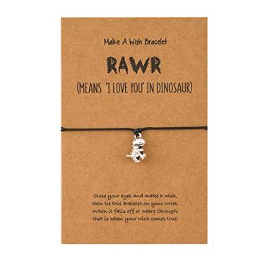 Imagem de Pulseira de dinossauro de tiranossauro trançada feita à mão com fio de cera ajustável Make A Wish Pulseira de animais combinando para casais para mulheres, homens, meninos, meninas, amigos, amigos,