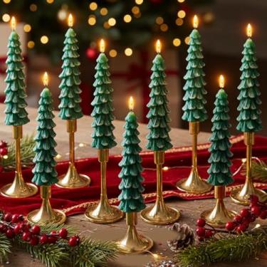 Imagem de FillTouch 9 conjuntos de velas afuniladas de árvore de Natal sem chamas com suportes para árvore de Natal, velas de LED, suporte dourado operado por bateria, castiçal cintilante para mesa de Natal