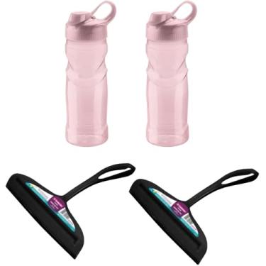 Imagem de Kit 2 Rodo de pia Preto e 2 Garrafa Plástica Fitness Rosa 500ml