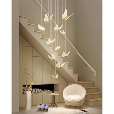 Imagem de Lustre LED em formato de borboleta, luminária pendente decorativa para escada, altura ajustável, para uso interno em residências, com luz dourada, dimerizável, ideal para sala de estar, rest