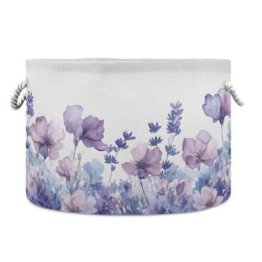 Imagem de JUZIHAI Cesta de armazenamento dobrável de campo de flores de lavanda para bebê, cesto de roupa suja com alças de corda de algodão, caixa organizadora de armário dobrável para quarto, berçário, casa