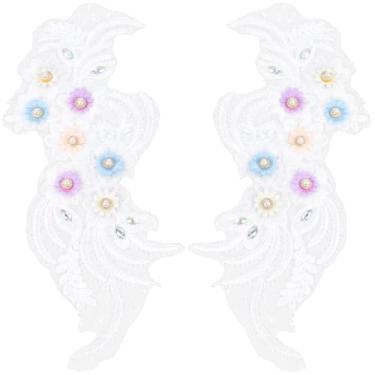 Imagem de GORGECRAFT 2 peças 3D bordado floral renda aplique brilhante strass costurar em remendos enfeites de pérola de plástico bordado colar de tecido de tule para artesanato de costura faça você mesmo