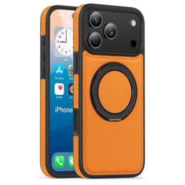 Imagem de SFDSUH Capa de couro para iPhone 16e com suporte magnético giratório 360° em metal (para iPhone 16e/laranja)
