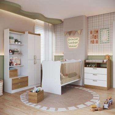 Imagem de Quarto Infantil Completo com Guarda Roupas 4 Portas, Cômoda e Berço Branco Mel Branco / Mel