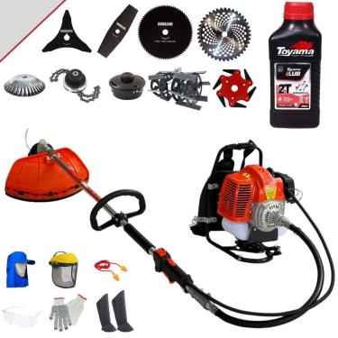 Imagem de Roçadeira Costal Terra C/ Carretel + Faca 2 Pontas + 3 Pontas + 6 Pontas + 40 Dentes Vídea + 80 Dentes + Trimmer + Escova + Enxada + Óleo Toyama + EPI