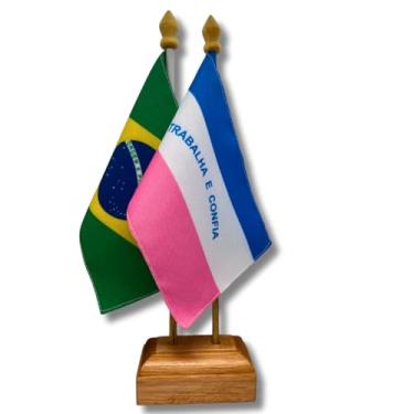 Imagem de Bandeira de Mesa Elegance Brasil e Espírito Santo, Dupla Face, Base em Madeira, 19x13cm, 30cm Altura, Oxford, Decorativa, Escritório e Eventos