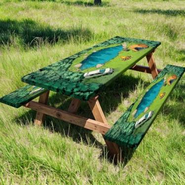 Imagem de Capa de mesa de piquenique com bordas elásticas, capa de mesa de acampamento de floresta verde, impermeável, à prova de vento, para acampamento ao ar livre, pátio, jardim, trailer, viagem, bolsa com