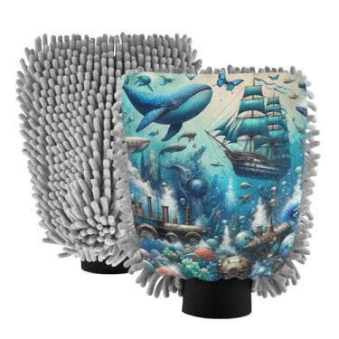 Imagem de Pacote com 2 luvas de microfibra de chenille vintage Ocean Lives Fantasy para lavagem de carro para canhão de espuma 20,5 cm x 30 cm
