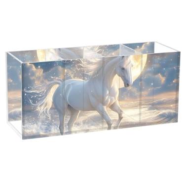 Imagem de TSENQUE Porta-lápis bonito cavalo branco mar lua para mesa animal floral escritório arte Caddy acrílico lápis pincel copo de maquiagem