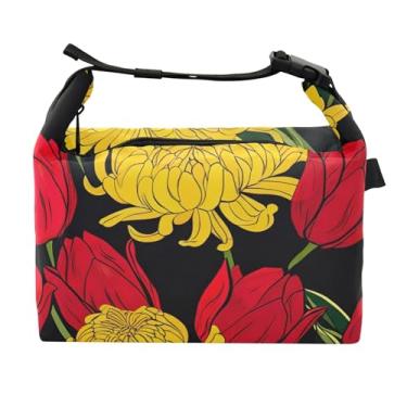 Imagem de TSENQUE Tulipas vermelhas amarelo crisântemo lancheira para mulheres lancheira macia lancheira para trabalho rosa linda bolsa térmica para adultos