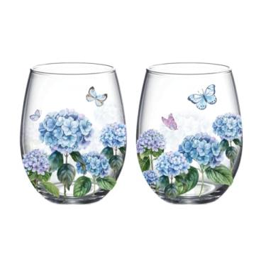 Imagem de Whaline 2 peças de taças de vinho sem haste de hortênsia, copos transparentes de 500 ml, aquarela, azul, roxo, flor, borboleta, copos para suprimentos de festa de primavera