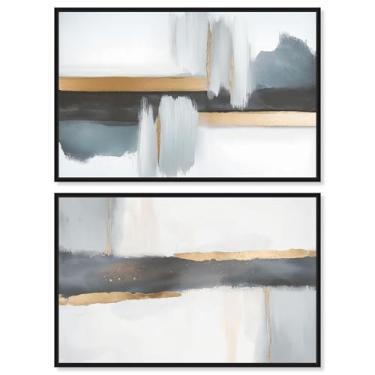 Imagem de Conjunto de 2 arte de parede para sala de estar com impressão em tela de luxo neutro da Art Remedy, moldura preta, 76 x 50 cm