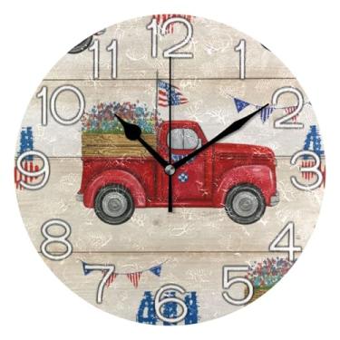 Imagem de GAIGEO Relógio de parede analógico decorativo operado por bateria relógio de cozinha fofo, decoração de parede de meados do século sala de estar, caminhão vermelho de desenho animado vintage, 25 cm
