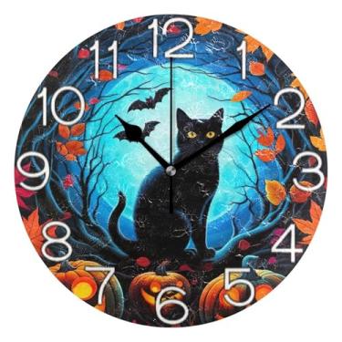 Imagem de GAIGEO Relógio de parede Halloween preto abóboras gato analógico decorativo quarto cozinha relógio operado por bateria, decoração de parede vintage sala de estar, 25 cm, ponteiros pretos