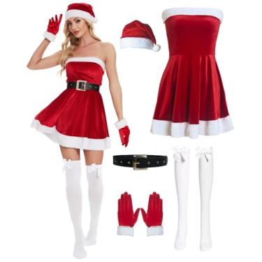 Imagem de DARFULA Women Christmas Lingerie Set 5 Piece Sexy Santa Outfit Babydoll Red Chemise with Hat Belt Cuffs Socks (Medium)