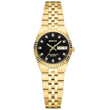 Imagem de BOFAN Relógio feminino vintage dourado com mostrador de diamante de luxo, mostrador de data e semana, pulseira de aço inoxidável, à prova d'água. Ferramenta de ajuste incluída (preto e dourado)