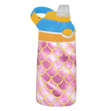 Imagem de Garrafa de água infantil com escamas de sereia ouro rosa 473 ml Tritan reutilizável com tampa de canudo 473 ml copo infantil portátil à prova de vazamento, alça de transporte