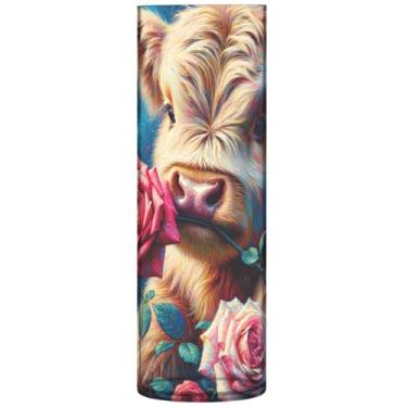 Imagem de Vasos altos de vaca highland floral rosa para flores, vasos de flores cilíndricos para centros de mesa, decoração de flores modernas exclusivas, 30 x 9,9 cm