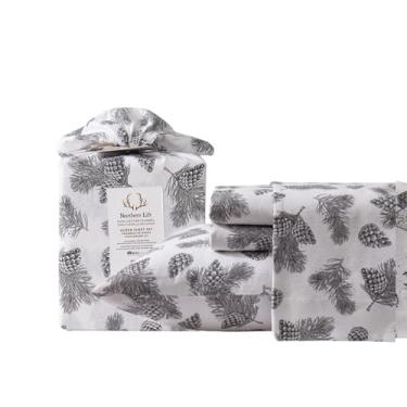 Imagem de New Season – Jogo de lençol de flanela Queen 100% algodão suavemente escovado – Lençóis de cama estampados elegantes – Conjunto de lençóis quentes e respiráveis (pinhas, Queen)