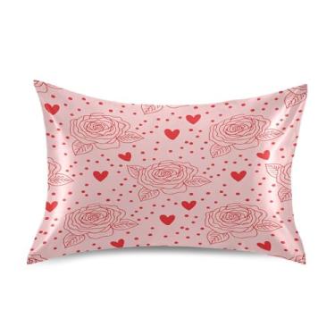 Imagem de Blueangle Fronha de cetim refrescante para cabelo e pele, capa de almofada de rosas vermelhas dos namorados, tamanho padrão 51 x 66 cm com fecho de envelope (614)