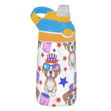 Imagem de Garrafa de água esportiva Tritan infantil de 473 ml com tampa de palha, garrafa de água reutilizável de 473 ml, copo infantil portátil à prova de vazamento, alça de transporte, animais brancos fofos