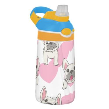 Imagem de Garrafa de água esportiva infantil com desenho animado de buldogue francês, 473 ml, 473 ml, garrafa de água Tritan com canudo, copo infantil portátil, reutilizável, alça de transporte