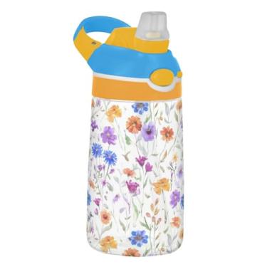 Imagem de Aquarela Wildflowers Garrafa de água infantil para escola, 473 ml Tritan 473 ml Garrafa de água esportiva com canudo, copo infantil à prova de vazamento, reutilizável, alça de transporte