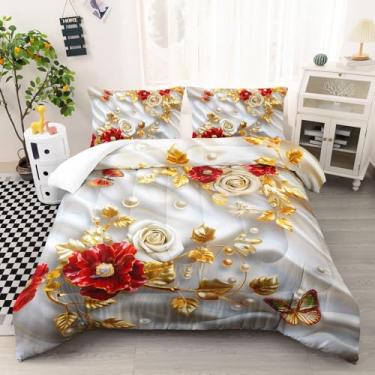 Imagem de AILONEN Conjunto de edredom Queen com flores vermelhas e brancas, estampa de folhas douradas 3D, para meninas e mulheres, lindas pérolas e rosa + 2 fronhas, 3 peças
