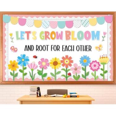 Imagem de Conjunto de decoração de quadro de avisos de primavera, motivacional, Vamos crescer, decoração de sala de aula, recortes florais coloridos de borboleta, quadro de avisos de flores para escola, sala de