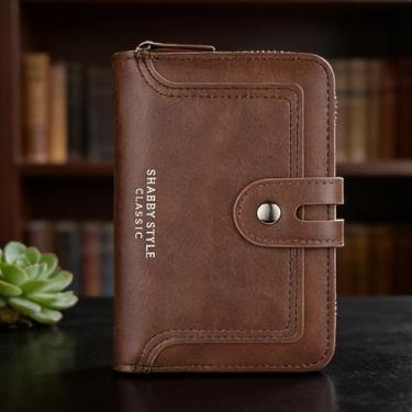 Imagem de Carteira masculina de negócios marrom escuro com alça curta em relevo de couro liso, design curto de negócios com alça, couro liso com padrão em relevo, vários cartões