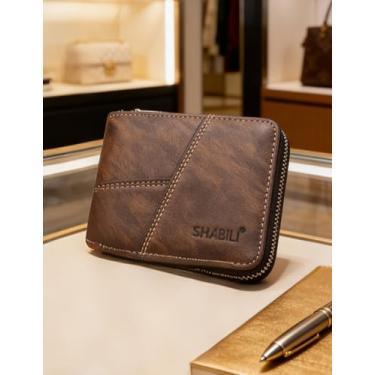 Imagem de Carteira masculina dobrável de couro curta, design maduro elegante (cinza-escuro)