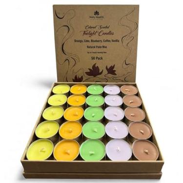 Imagem de Holy Health Velas Tealight perfumadas sortidas – Pacote com 50 – Limão, baunilha, café, laranja e mirtilo – Luzes de chá multicoloridas para casa, spa, casamentos e eventos. Cera de palma natural pura